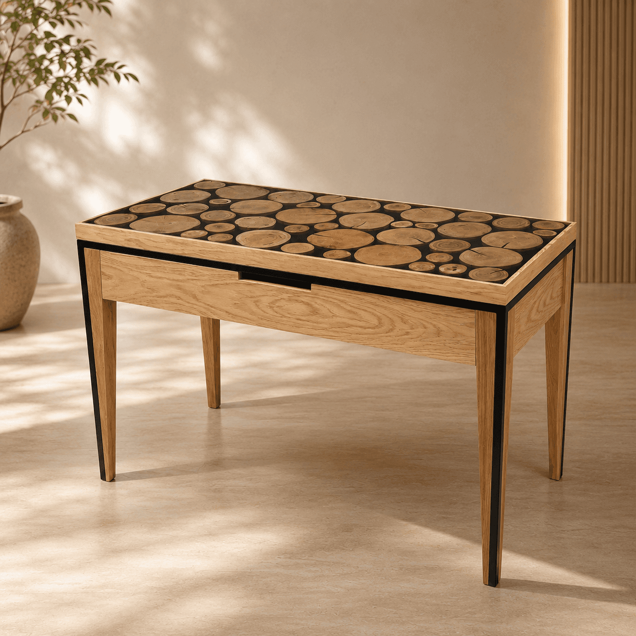 OAK RINGS CONSOLE — dębowa toaletka z blatem z żywicy