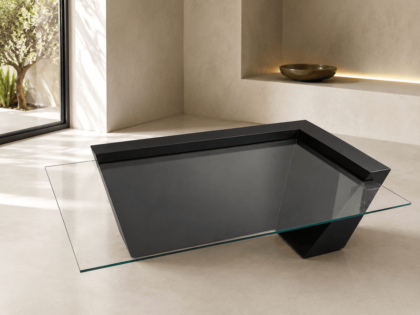 BLACK SHELL GLASS TABLE - geometryczny stolik stalowy ze szklanym blatem